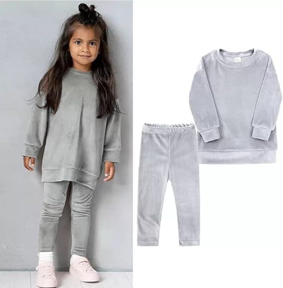 Little Girls Velour Sweatsuit 2pcs Round Neck Sweatshirt + Sweatpants Pullover Jogger Outfit Set - G0001