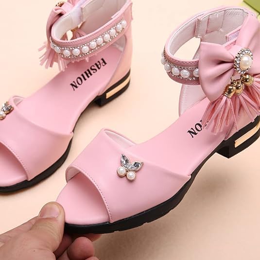 Girls' Elegant Ankle Strap Sandals with Pearls and Bow - S0044