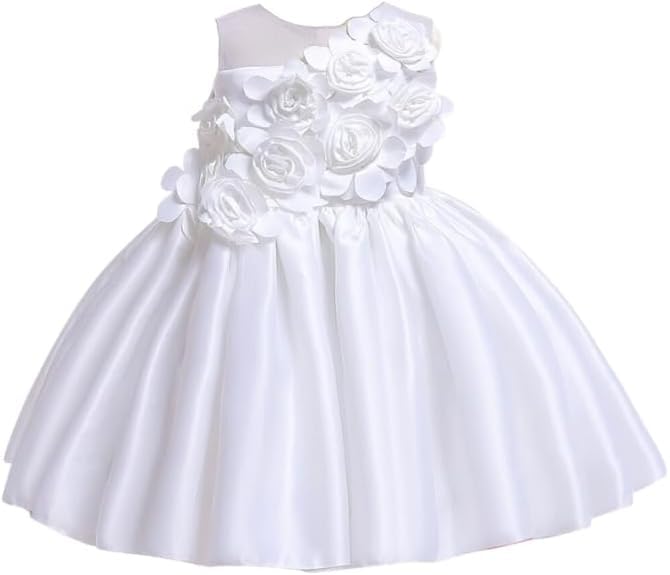 Satin Dress for Babies and Girls with Floral Applications - G0111