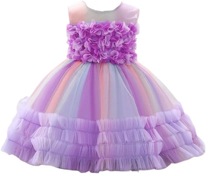Rainbow Tutu Skirt Dress with Flower Application for Babies and Toddlers - G0105
