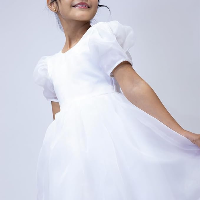 Flower girl's satin dress with puffed sleeves - G0036