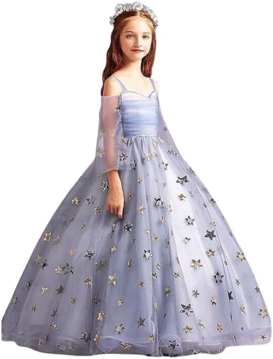 Elegant Long Princess Gown with Tulle Sleeves and a Skirt with Stars for Girls - G0026