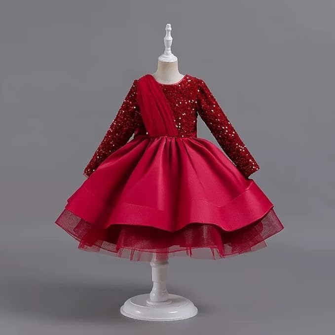 Girls Satin Dress with Long Sleeves and Sequins - G0061