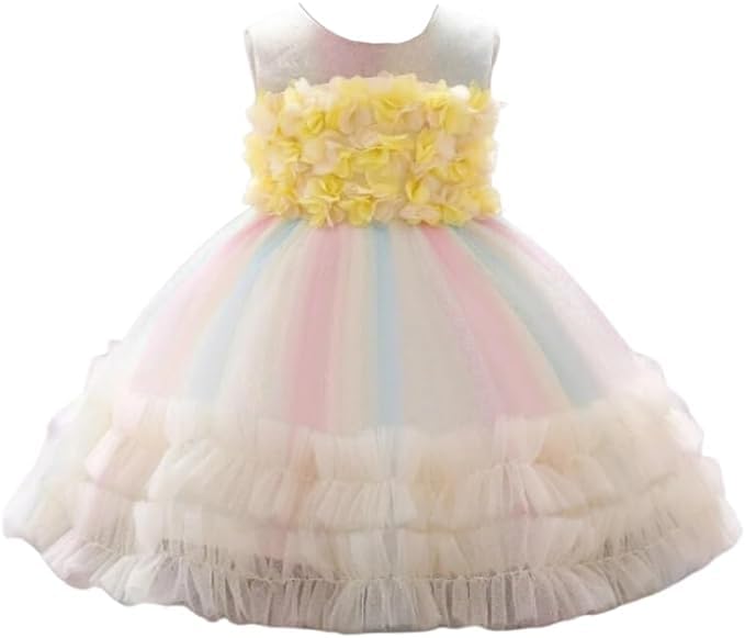 Rainbow Tutu Skirt Dress with Flower Application for Babies and Toddlers - G0105