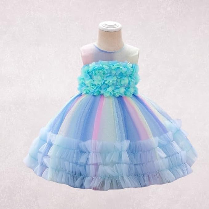 Rainbow Tutu Skirt Dress with Flower Application for Babies and Toddlers - G0105