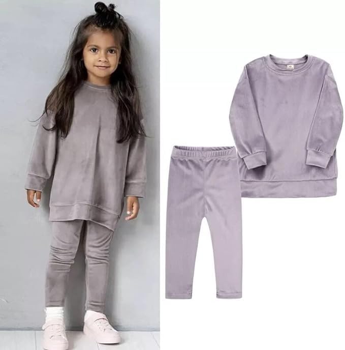 Little Girls Velour Sweatsuit 2pcs Round Neck Sweatshirt + Sweatpants Pullover Jogger Outfit Set - G0001