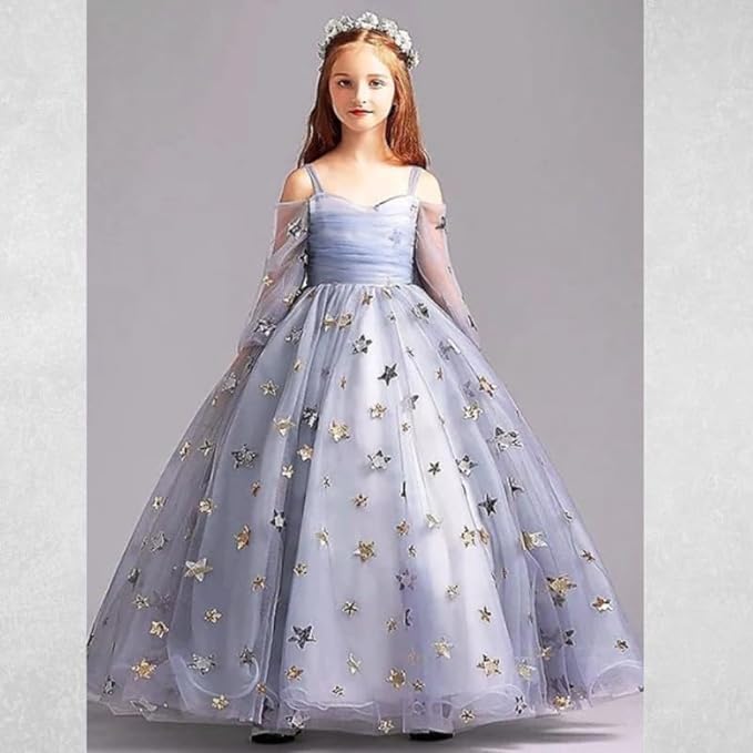 Elegant Long Princess Gown with Tulle Sleeves and a Skirt with Stars for Girls - G0026