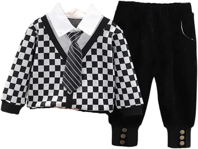 Boys Checkered Set: Sweater + Shirt + Tie +Pants - B0009