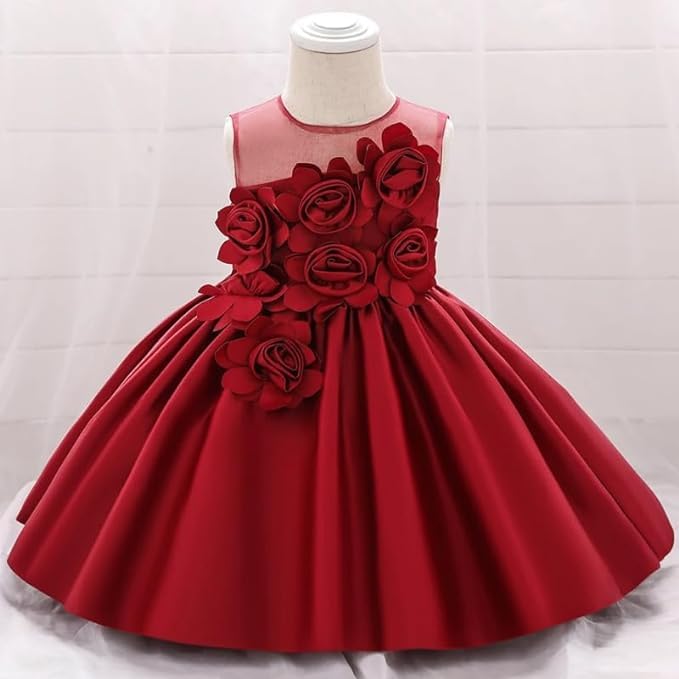 Satin Dress for Babies and Girls with Floral Applications - G0111
