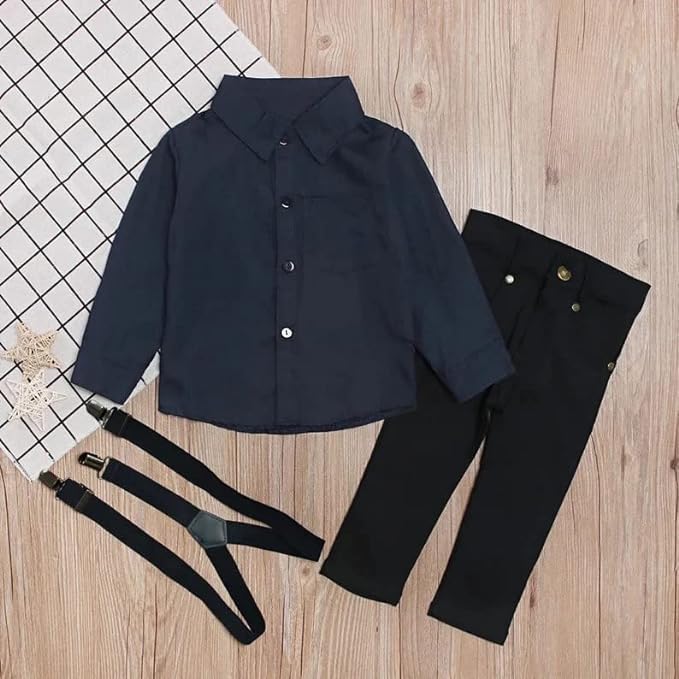 Boys' Stylish Black Shirt and Suspender Pants Set - B0024