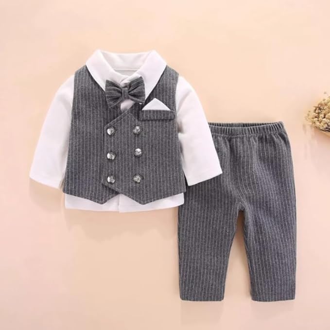 Newborn Suit Striped Vest Coat + Pants + Cotton Shirt & Bow Tie