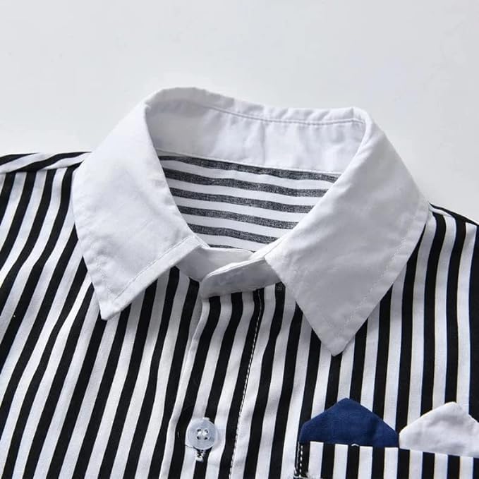 Boys' Striped Shirt and Gray Suspender Pants Set with Bow Tie - B0023