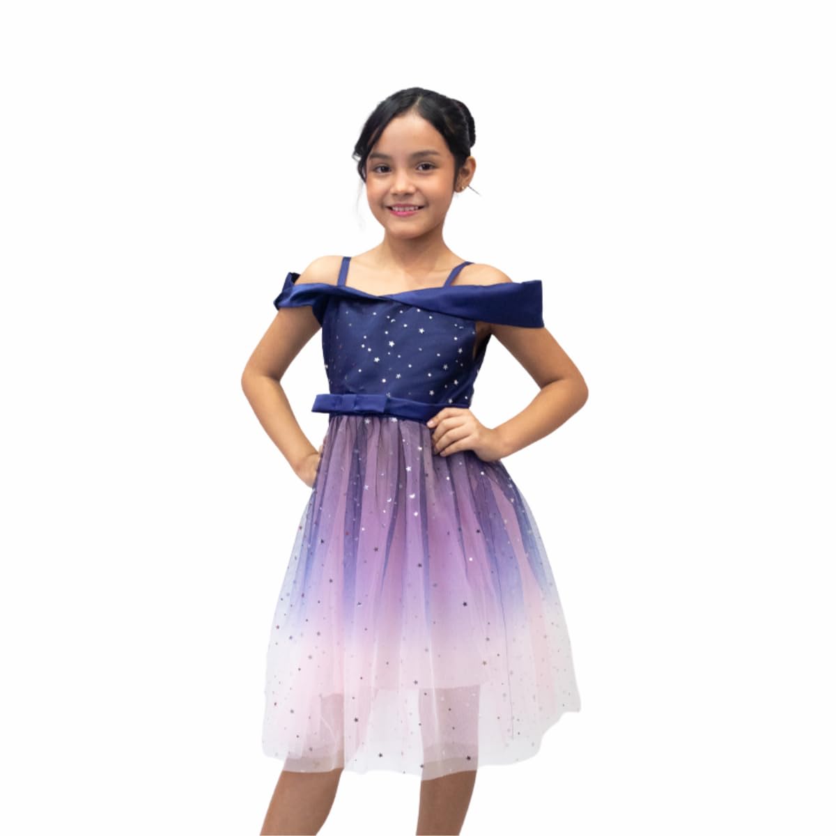 Off-the-shoulder tulle dress with sparkling stars for girls - G0093