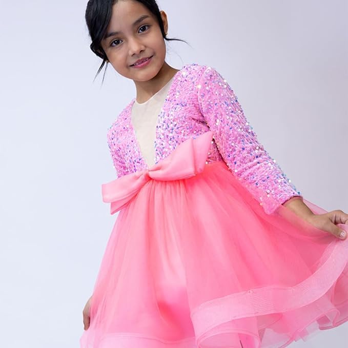 Sequin Tulle Dress with Bow for Girls - G0115