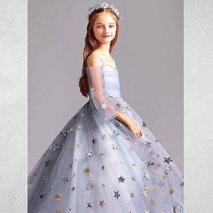 Elegant Long Princess Gown with Tulle Sleeves and a Skirt with Stars for Girls - G0026