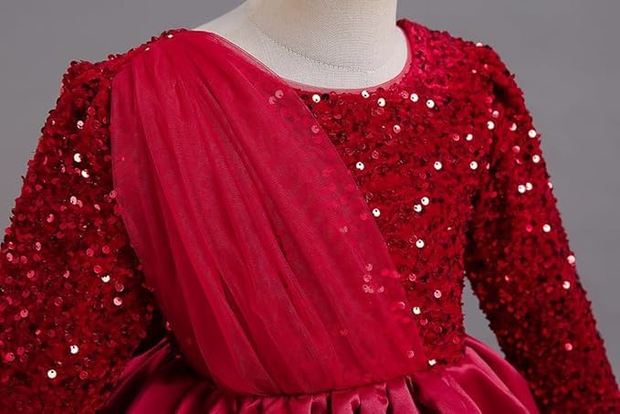 Girls Satin Dress with Long Sleeves and Sequins - G0061