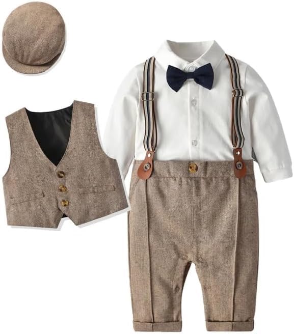 Baby and Toddler Boy Jumpsuit + Beret Hat + Suspenders & Bow Tie - B0001