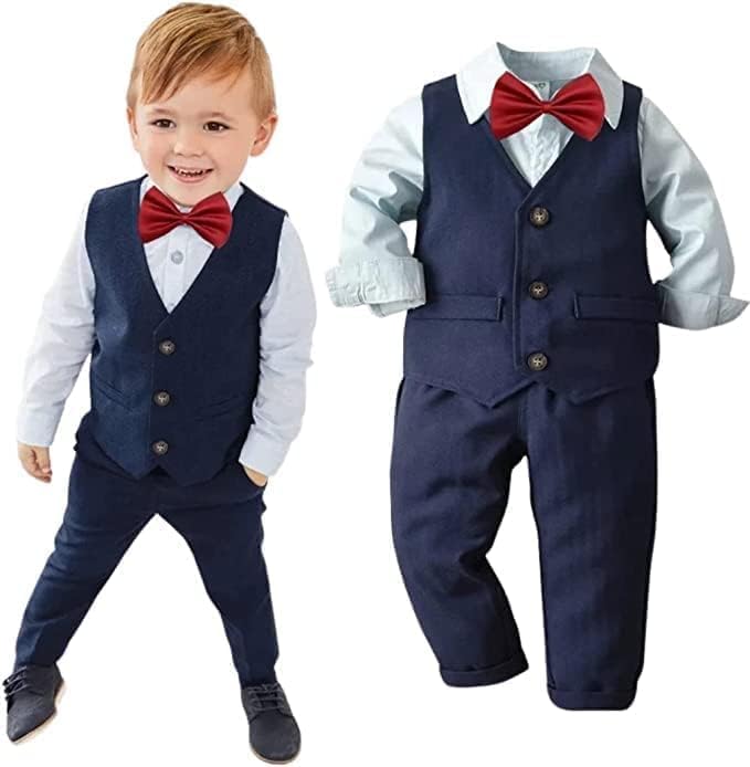 Boys Elegant Shirt + Vest + Pants & Red Bow Tie 4pcs Set - B0010
