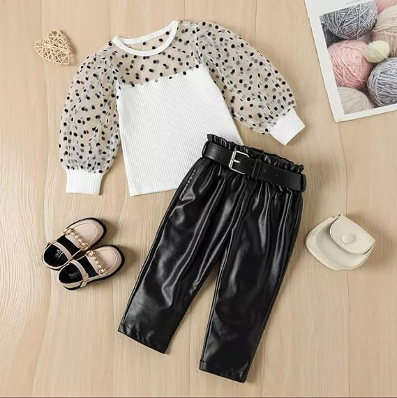 Back to school Clothes - Girls Polka-Dot Mesh Top + Pu Leather Pants G0009