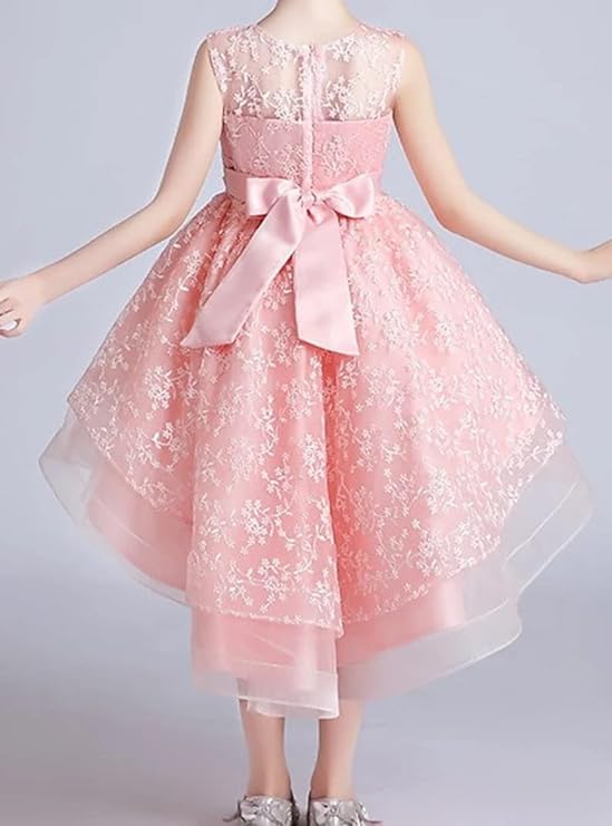 Girls' Tulle Dress with lace Embroidery and Waist Bow - G0075