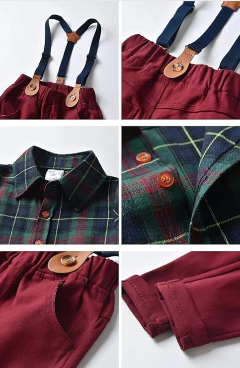 Toddler Boys Christmas Outfit Long Sleeves Plaid Shirt + Pants + Suspenders - B0030