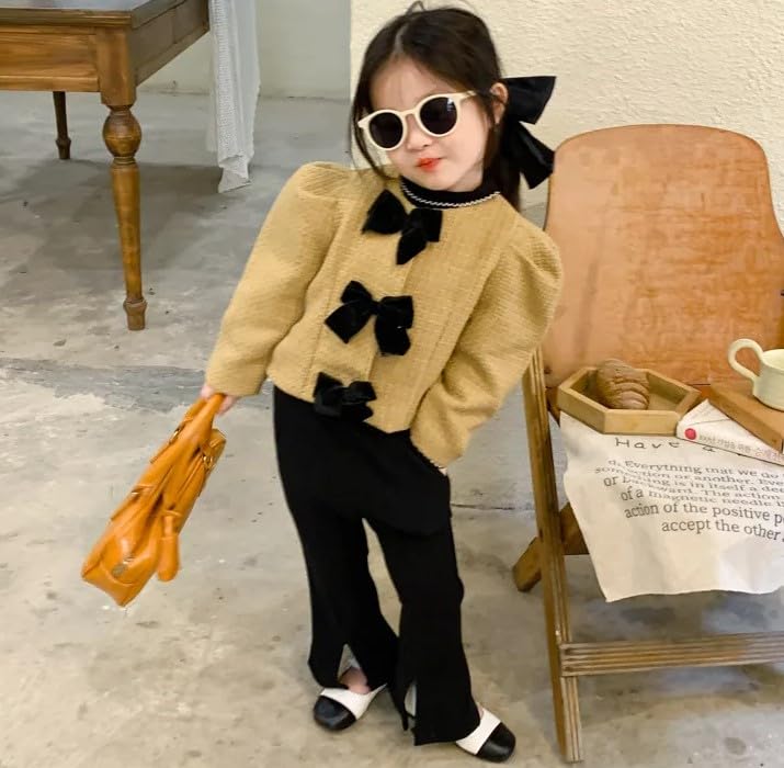 Girls' Stylish Tweed Jacket with Velvet Bows+ Pants Sets - G0073