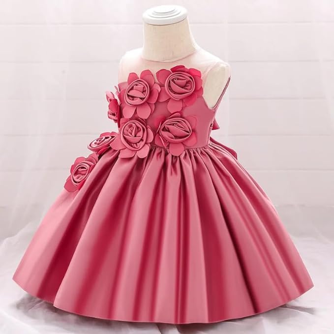 Satin Dress for Babies and Girls with Floral Applications - G0111