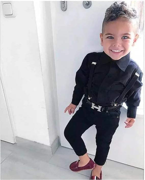 Boys' Stylish Black Shirt and Suspender Pants Set - B0024