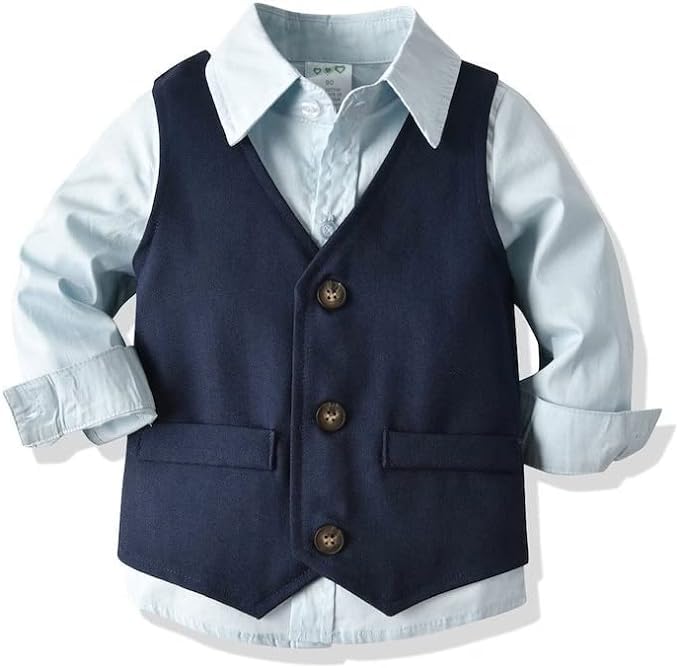 Boys Elegant Shirt + Vest + Pants & Red Bow Tie 4pcs Set - B0010