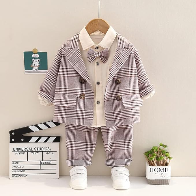 Boys' Plaid Blazer and Pants Set with Bow Tie - B0022