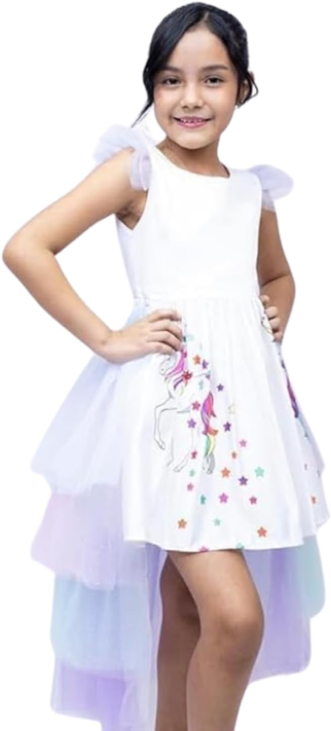 Unicorn Birthday Dress Princess Ruffle Sleeves Detachable long Tail - G0134