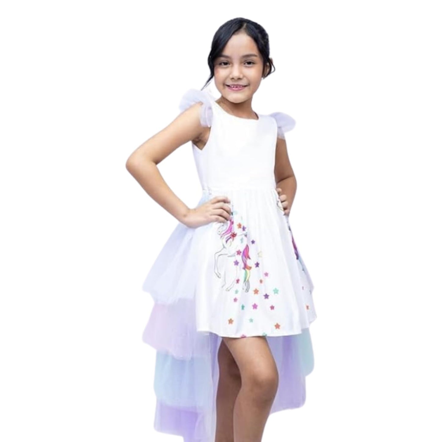 Unicorn Birthday Dress Princess Ruffle Sleeves Detachable long Tail - G0134