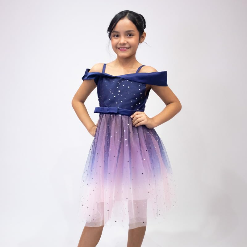 Off-the-shoulder tulle dress with sparkling stars for girls - G0093