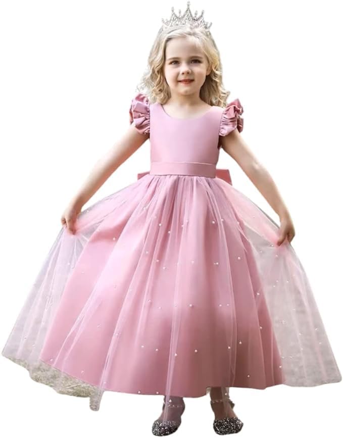 Elegant Satin Dress with Tulle Skirt Overlay and Pearl appliqués - G0030