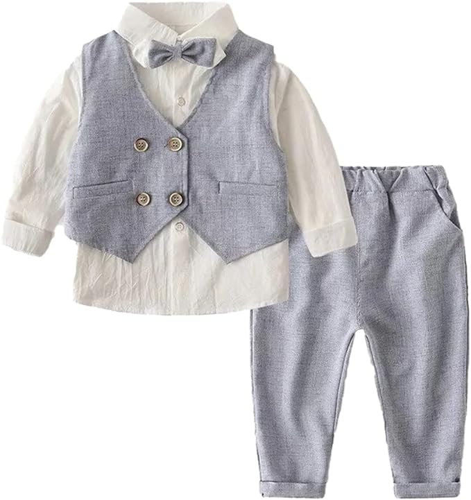 Toddlers Boys 3-Piece Elegant Linen Set Shirt + Vest & Bow Tie - B0031