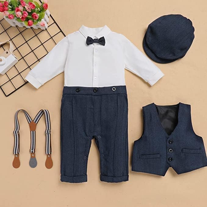 Baby and Toddler Boy Jumpsuit + Beret Hat + Suspenders & Bow Tie - B0001