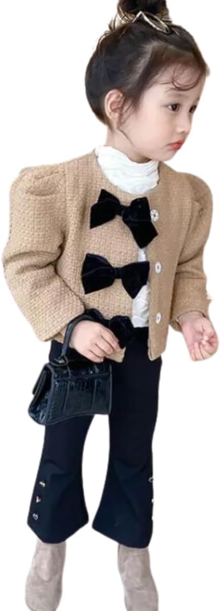 Girls' Stylish Tweed Jacket with Velvet Bows+ Pants Sets - G0073