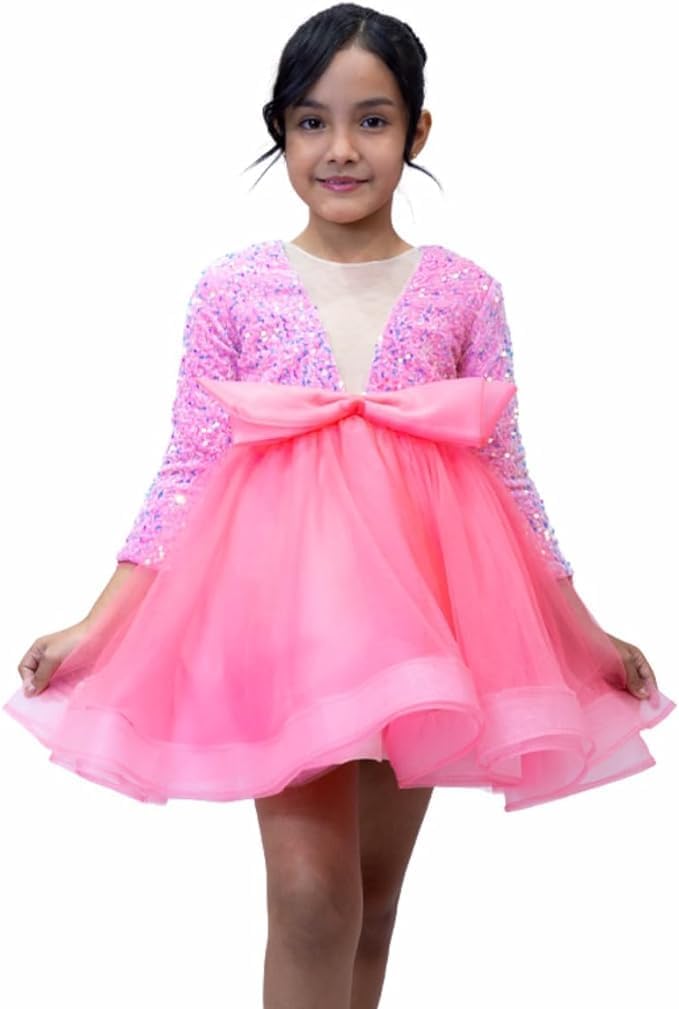 Sequin Tulle Dress with Bow for Girls - G0115
