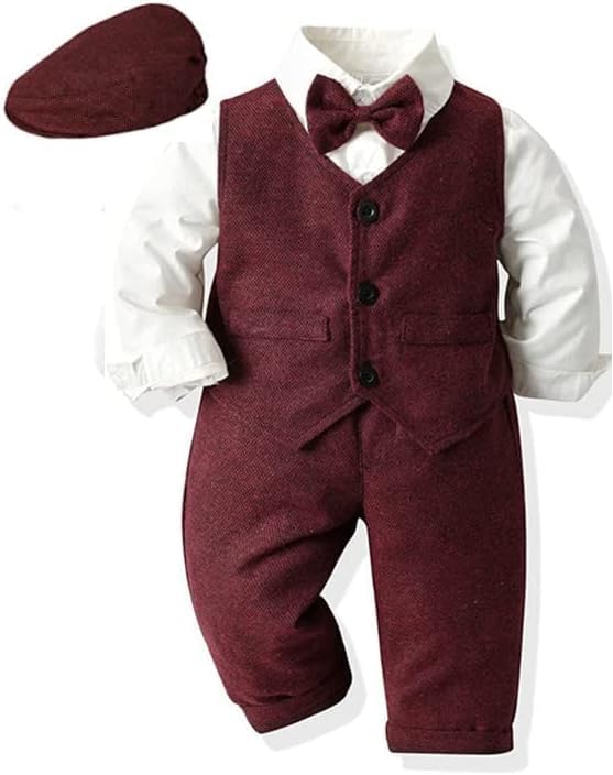 Baby and Toddler Boy Jumpsuit + Beret Hat + Suspenders & Bow Tie - B0001