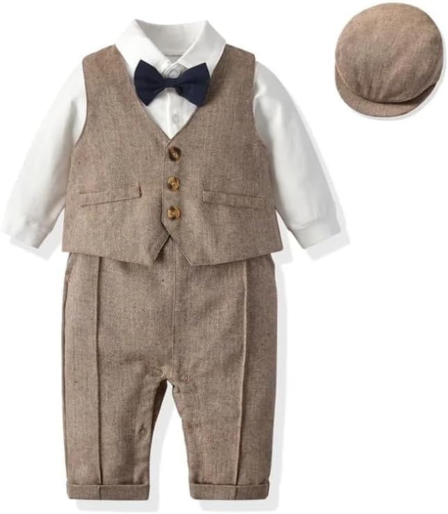 Baby and Toddler Boy Jumpsuit + Beret Hat + Suspenders & Bow Tie - B0001