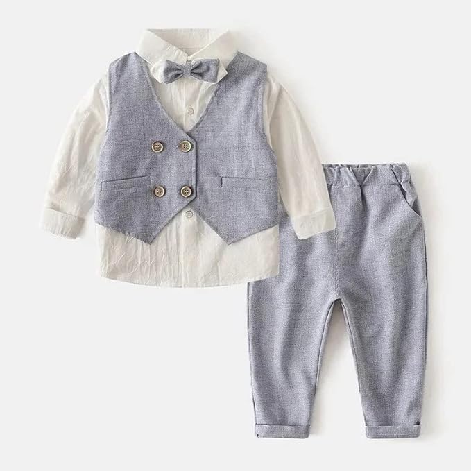 Toddlers Boys 3-Piece Elegant Linen Set Shirt + Vest & Bow Tie - B0031