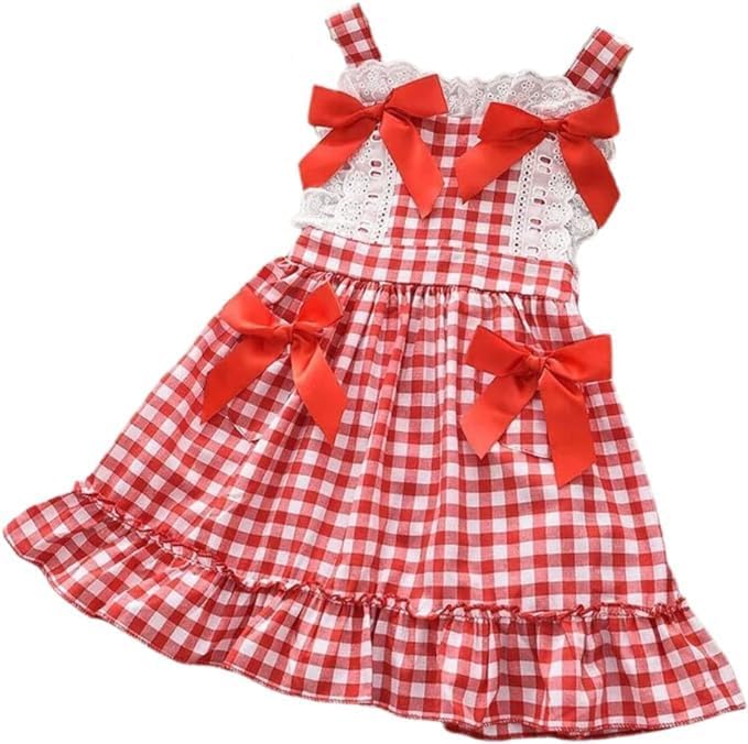Girl's plaid picnic summer dress with small bows - G0047