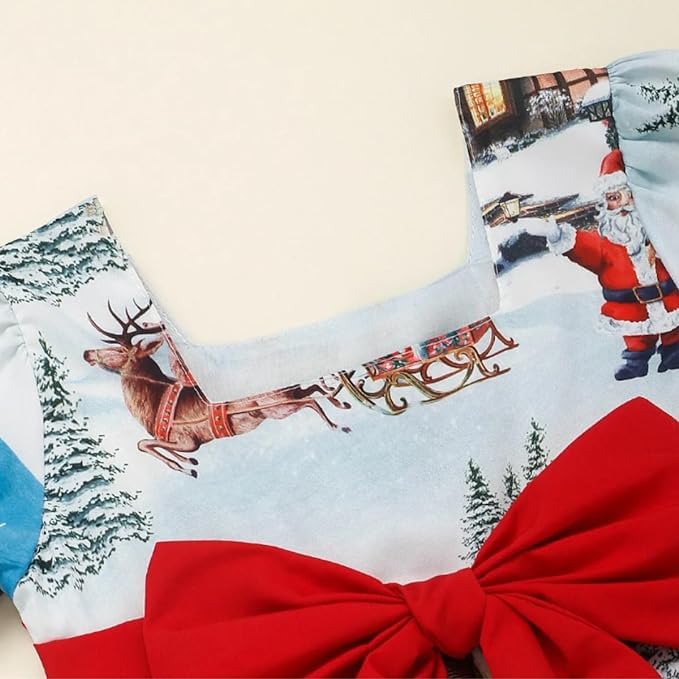 Christmas Dress for Girls with Delicate North Pole Print and red Bow - G0025