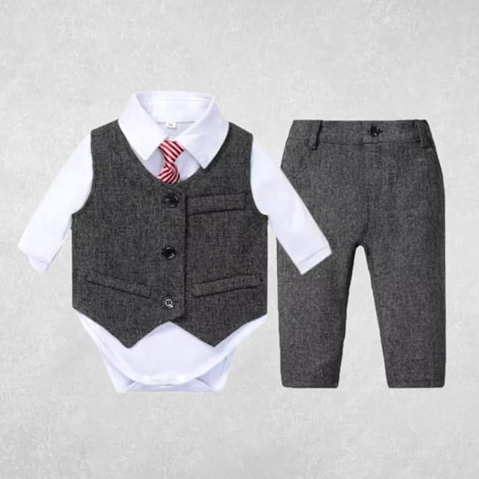 Newborn Boys Wool Set Vest + Pants + Jumpsuit Dress Shirt & Striped Tie - B0026