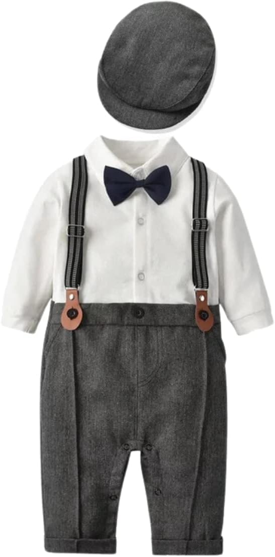 Baby and Toddler Boy Jumpsuit + Beret Hat + Suspenders & Bow Tie - B0001