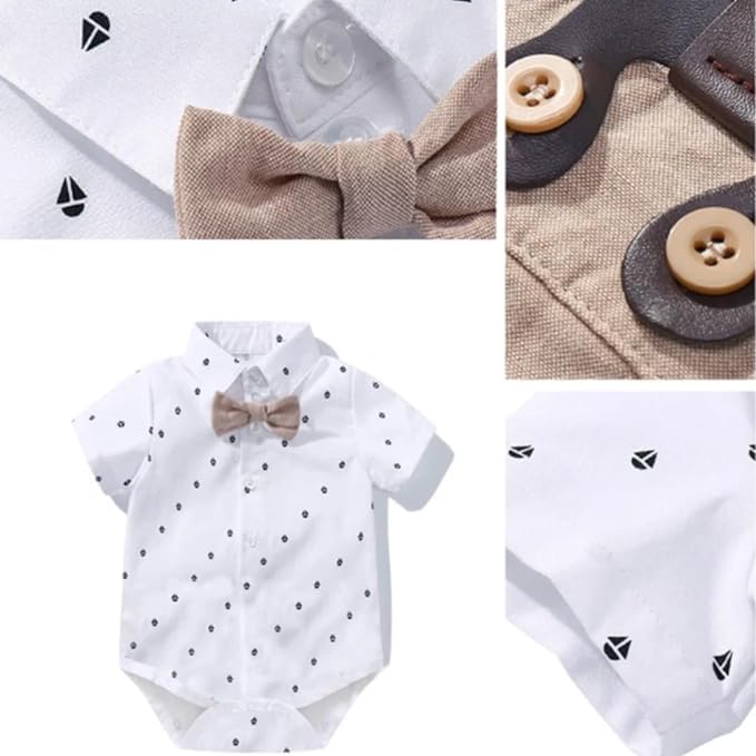 Baby Boy Bodysuit Set | White & Navy Blue Shirt + Suspenders + Pants + Beret Hat
