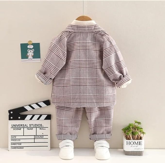 Boys' Plaid Blazer and Pants Set with Bow Tie - B0022