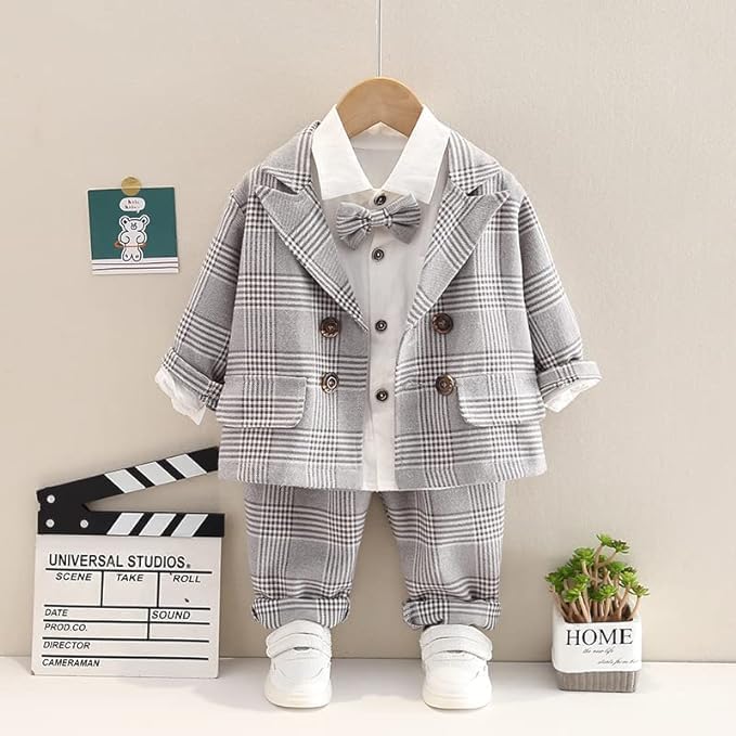 Boys' Plaid Blazer and Pants Set with Bow Tie - B0022