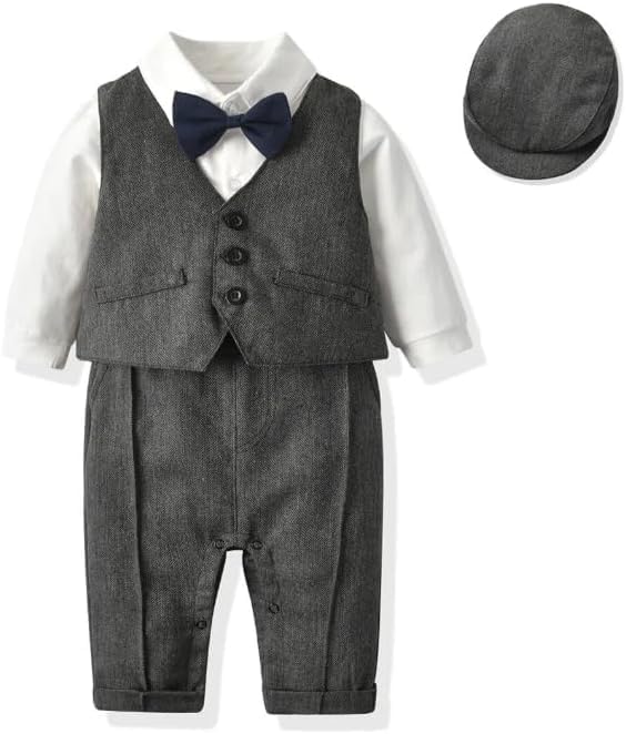Baby and Toddler Boy Jumpsuit + Beret Hat + Suspenders & Bow Tie - B0001