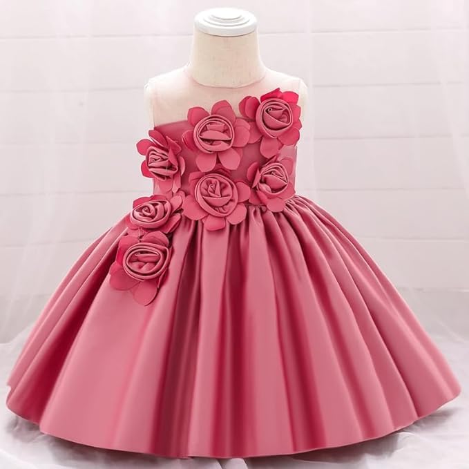 Satin Dress for Babies and Girls with Floral Applications - G0111
